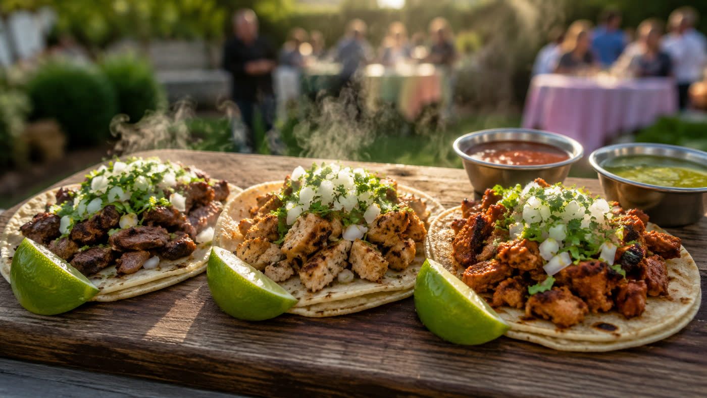 Three street tacos — carne asada, grilled chicken, and al pastor — topped with onion, cilantro, and lime with salsa at an outdoor catering event