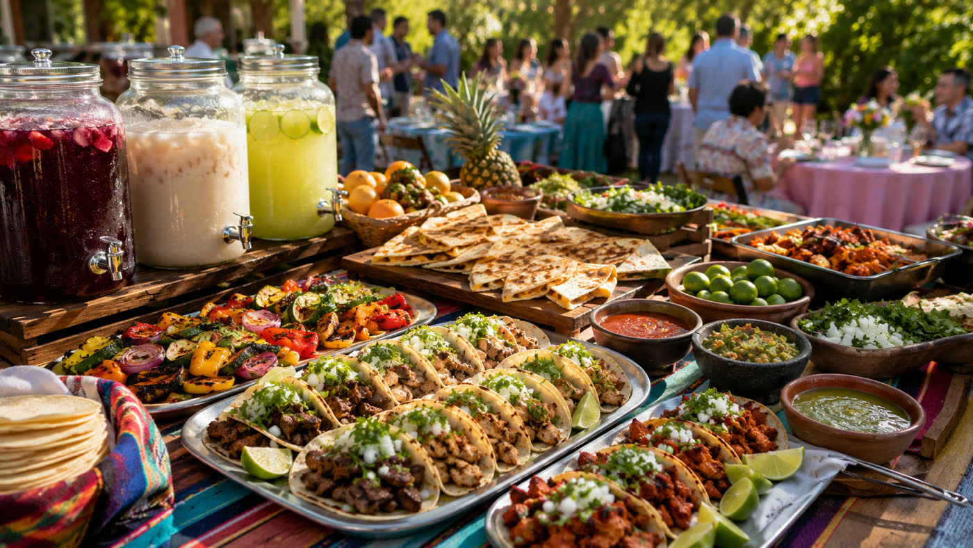 Full taco fiesta catering spread with agua fresca dispensers, quesadillas, grilled veggies, and trays of tacos