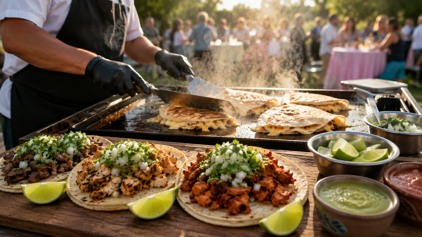 Roosters taquero griddling golden cheesy quesadillas beside fresh carne asada, chicken, and al pastor tacos